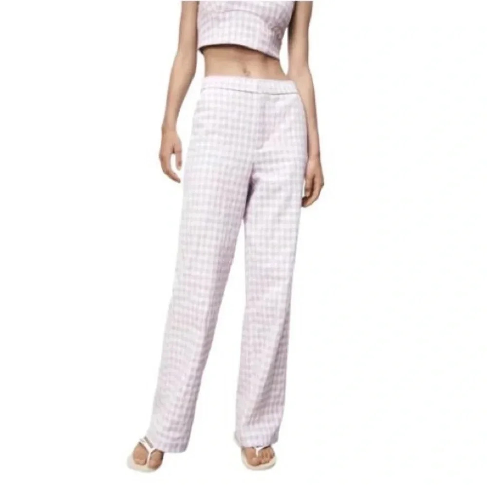 Zara Wide-Legged Gingham Pants NWT | Lilac and White  | Size XS